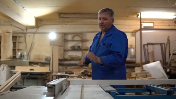 Menuisier au travail dans son atelier, transformation du bois sur une machine à bois — Video