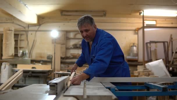 Falegname al lavoro nella sua officina, lavorazione del legno su una macchina per la lavorazione del legno — Video Stock