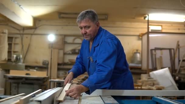 Carpinteiro no trabalho em sua oficina, processamento de madeira em uma máquina de trabalhar madeira — Vídeo de Stock