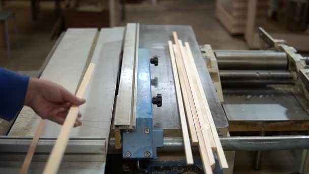 Ξυλουργός στην εργασία στο εργαστήριό του, ξύλο επεξεργασία σε ένα μηχάνημα επεξεργασίας ξύλου — Αρχείο Βίντεο