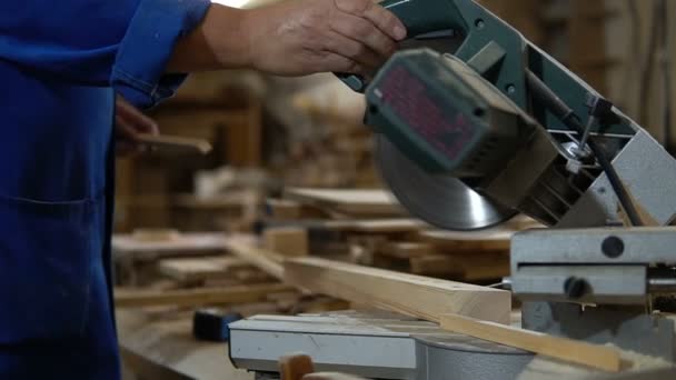 Електрична пилка для розпилювання дощок, працівник розпилює дерев'яну дошку в майстерні — стокове відео
