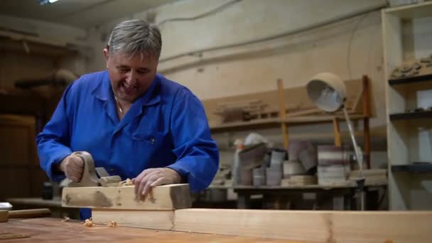 Tischler, der im Atelier arbeitet, Arbeiter, der einen Baum mit einer Hobelmaschine hobelt — Stockvideo