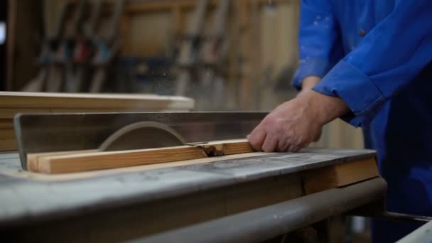 Stolarz w pracy o swoim warsztacie, drewna, przetwarzania na maszynie do obróbki drewna — Wideo stockowe
