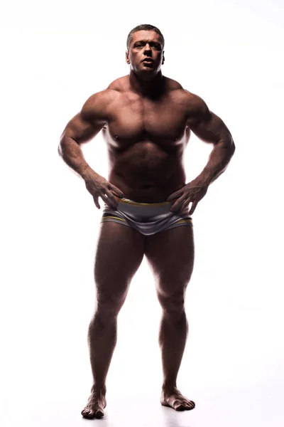 Gran Hombre Poderoso Mostrando Sus Músculos Estudio Sin Camisa Sobre — Foto de Stock