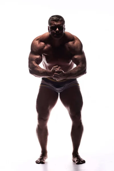 Grande Uomo Potente Che Mostra Suoi Muscoli Nello Studio Senza — Foto Stock
