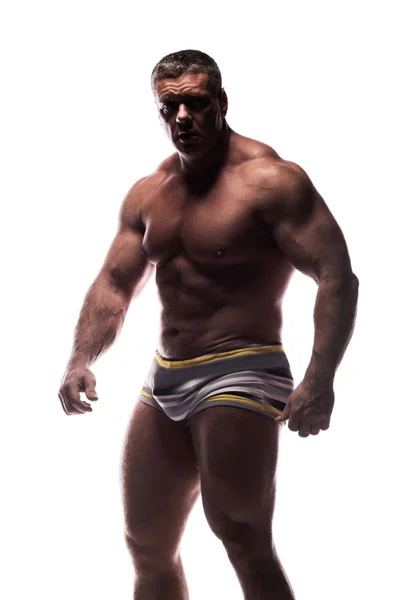 Gran Hombre Poderoso Mostrando Sus Músculos Estudio Sin Camisa Sobre —  Fotos de Stock