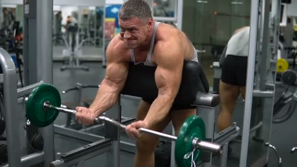 Hombre entrena bíceps con una barra en el gimnasio — Vídeo de stock