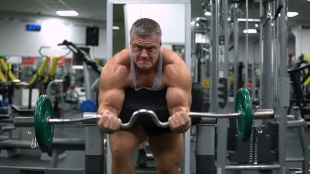 Man trains biceps with a barbell in the gym — Stock Video