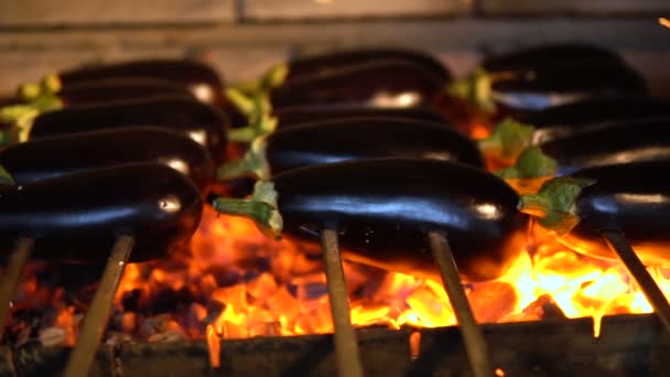Brochetas calientes con verduras a la parrilla. Berenjenas, tomates y pimientos se fríen sobre carbones . — Vídeo de stock