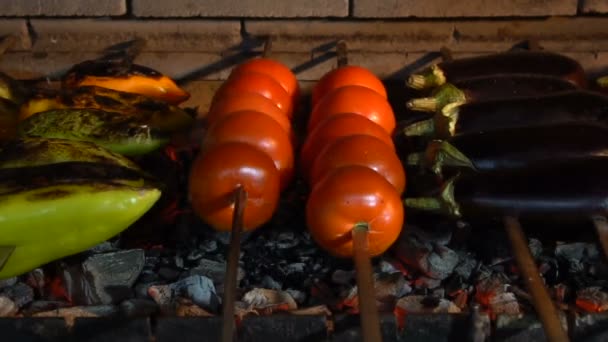 Hete Spiesjes met fruit op de barbecue. Aubergines, tomaten en paprika zijn gebakken op kolen. — Stockvideo
