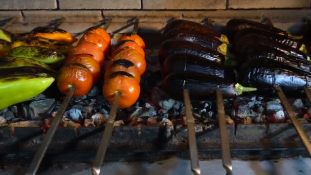 Heta Grillspett Med Grönsaker Grillen Aubergine Tomater Och Paprika Stekt — Stockvideo