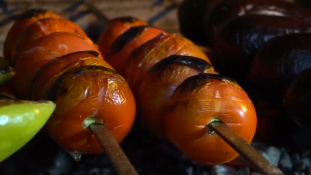 Varme spyd med grøntsager på grillen. Æggeplanter, tomater og peberfrugter steges på kul . – Stock-video