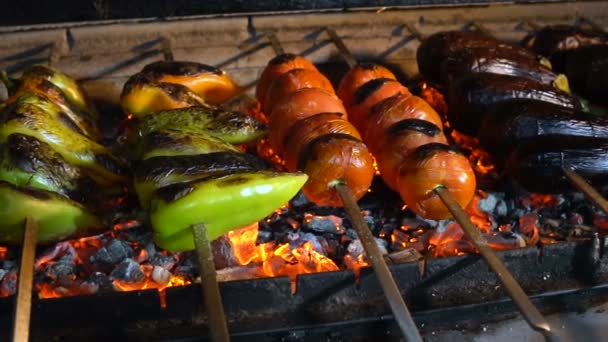 Espetos quentes com legumes na grelha. Berinjelas, tomates e pimentos são fritos em carvão . — Vídeo de Stock