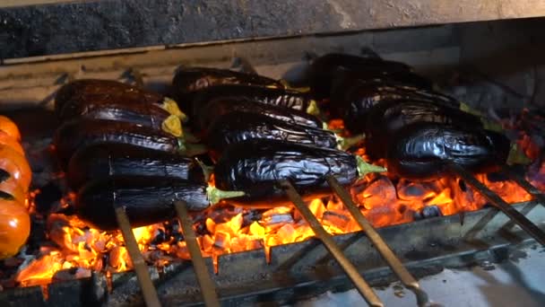 Hete Spiesjes met fruit op de barbecue. Aubergines, tomaten en paprika zijn gebakken op kolen. — Stockvideo