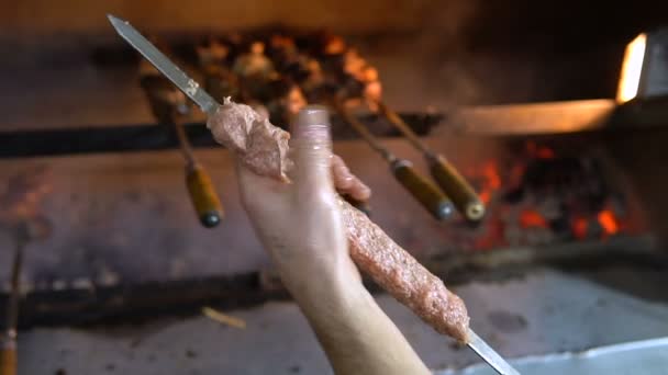 Churrasqueira. Mão cozinhando kebab no espeto close-up — Vídeo de Stock