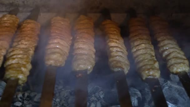 在煤的烤肉串上吃肉 — 图库视频影像