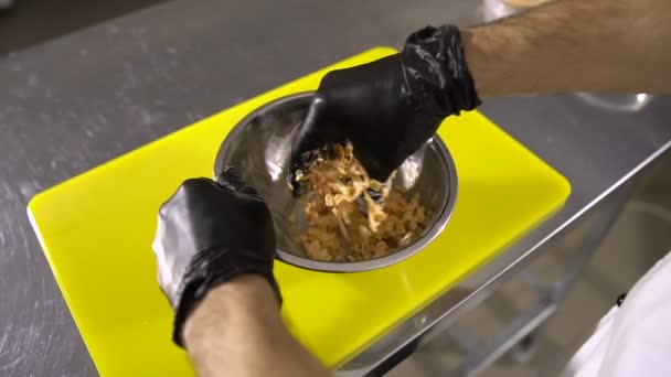 Chef mãos preparando um recheio para rolos de paus de caranguejo e molho na placa — Vídeo de Stock