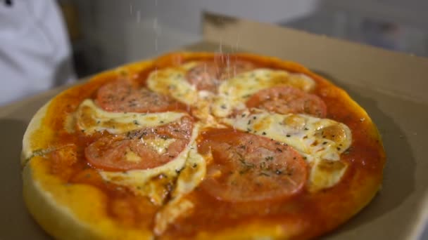 Chef-kok hagelslag specerijen op de klaar pizza in de keuken — Stockvideo