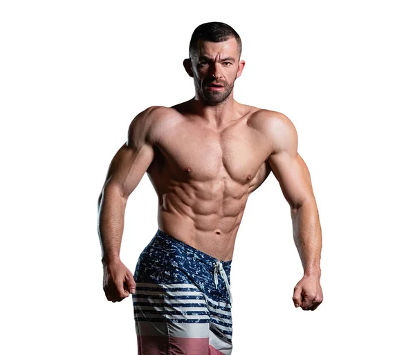Brutal Atletisk Man Med Muskulös Kropp Poser Visar Upp Hans — Stockfoto