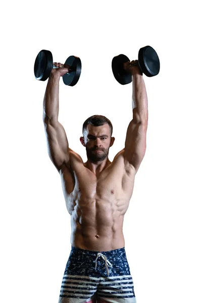 Bonito Jovem Musculoso Treina Seus Ombros Com Halteres Fundo Branco — Fotografia de Stock