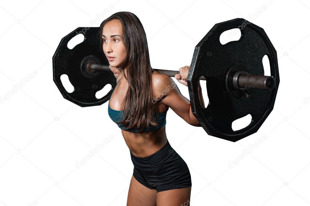 isolated handsome weightlifter lifting barbells with Squats. Female training with barbell, pumping legs