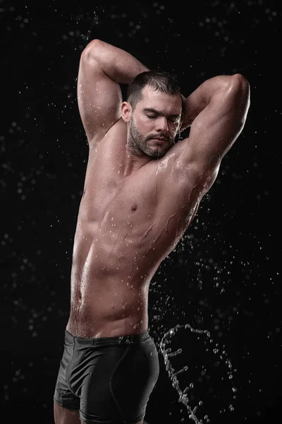 Shirtless Handsome Young Man Posing Water Splashes Face Chest Studio — Stock Photo, Image