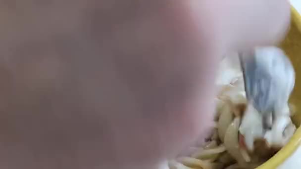 Hände vermischen Nudeln und Würstchen mit Mayonnaise und Ketchup in einem Teller mit einer Gabel. Kochen leckeres Essen — Stockvideo