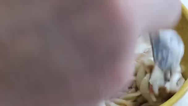 Mélanger les pâtes et les saucisses avec la mayonnaise et le ketchup dans une assiette avec une fourchette. Cuisiner des aliments délicieux — Video