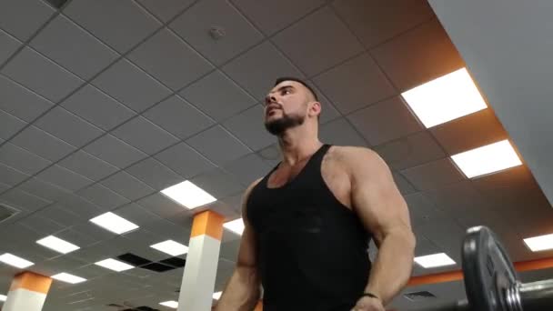 Barbell hombre en el gimnasio entrenamiento bíceps fitness levantamiento de pesas — Vídeos de Stock