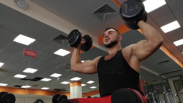 RUSSIA, TOGLIATTY - FEBRUARY 23, 2019: Dumbbell man at gym workout hands fitness weightlifting — Stock Video