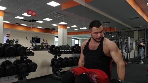 RUSIA, TOGLIATTY - 23 DE FEBRERO DE 2019: Hombre mancuerna en el entrenamiento de gimnasia bíceps levantamiento de pesas fitness — Vídeos de Stock