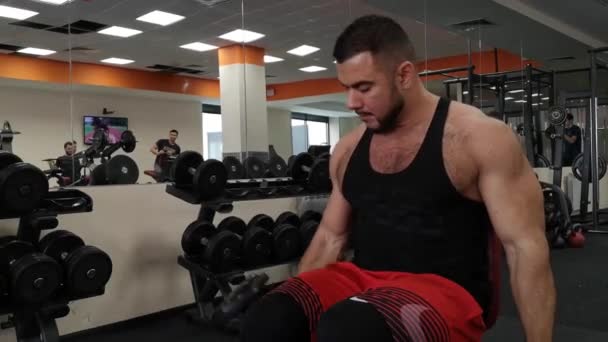 RÚSSIA, TOGLIDADE - FEVEREIRO 23, 2019: Dumbbell man at gym workout bíceps fitness weightlifting — Vídeo de Stock