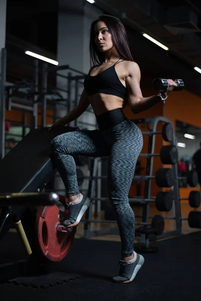 Chica de fitness entrena bíceps con pesas en el gimnasio . —  Fotos de Stock