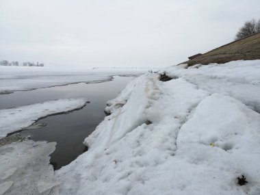 Boş bir karlı manzara içinde yüzen buz erken ilkbaharda kırık 