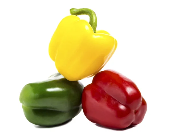 Red Green Yellow Paprika Piled Top Each Other White Background — Stock Photo, Image