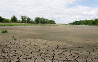 Toprağı çatlamış kuru bir gölet bulutlu bir gökyüzüne karşı