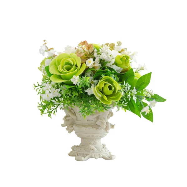 Mooie Witte Groene Kunstbloemen Witte Vaas Geïsoleerd Een Witte Achtergrond — Stockfoto