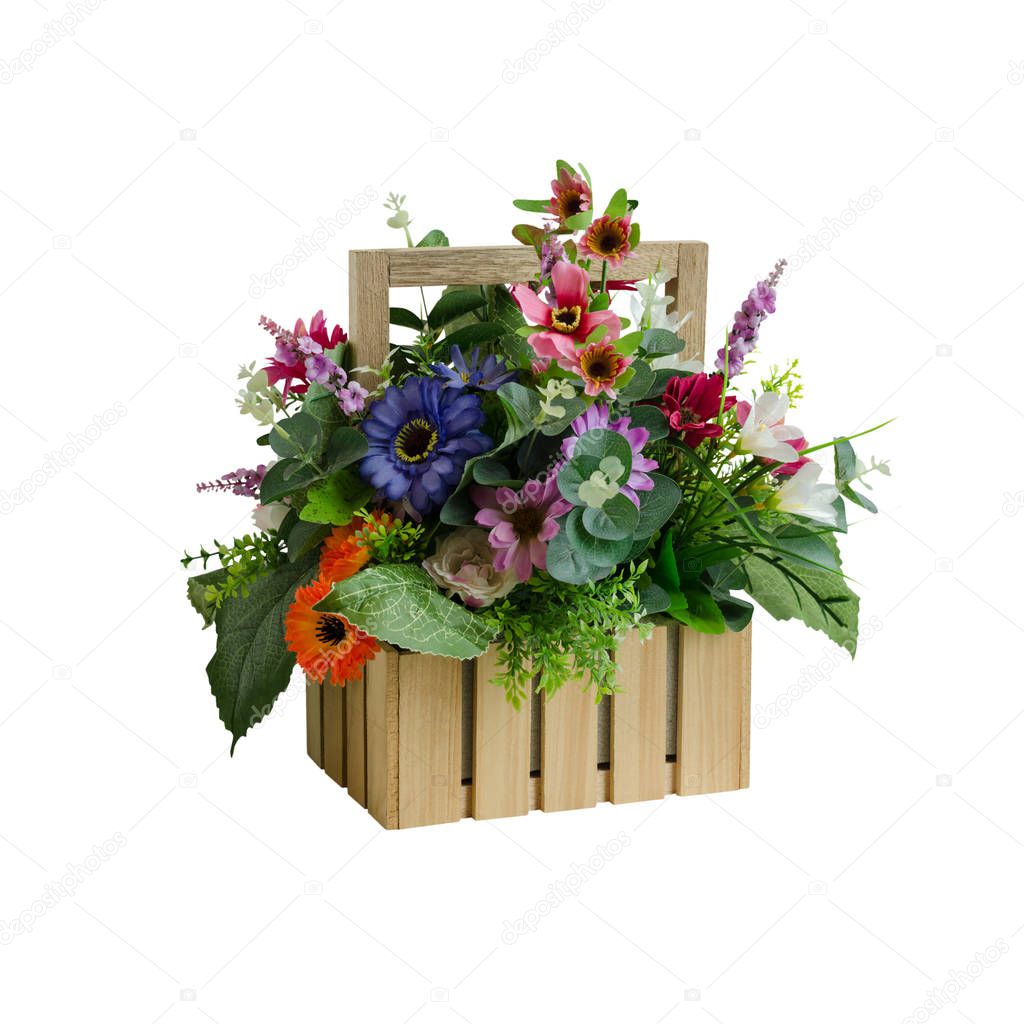 Colorful artificial flower basket decoration isolated on white with working path