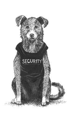 Beyaz arka planda mürekkep küçük güvenlik köpeği 