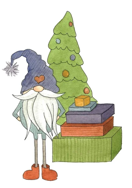 Hediyeli suluboya kart cücesi ve Noel ağacı