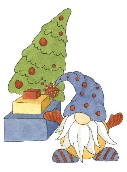 Hediyeli suluboya kart cücesi ve Noel ağacı