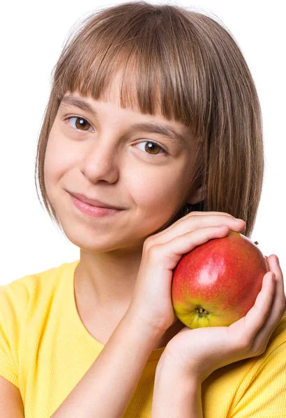 Attraktiv Kaukasiska Flicka Med Äpple Isolerad Vit Bakgrund Skolflicka Ler — Stockfoto