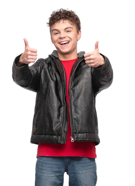 Portrait Handsome Brutal Teen Boy Black Leather Jacket Smiling Fashion — Stock Photo, Image