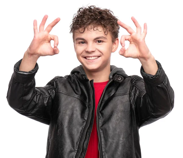 Retrato Guapo Adolescente Brutal Una Chaqueta Cuero Negro Sonriente Modelo — Foto de Stock