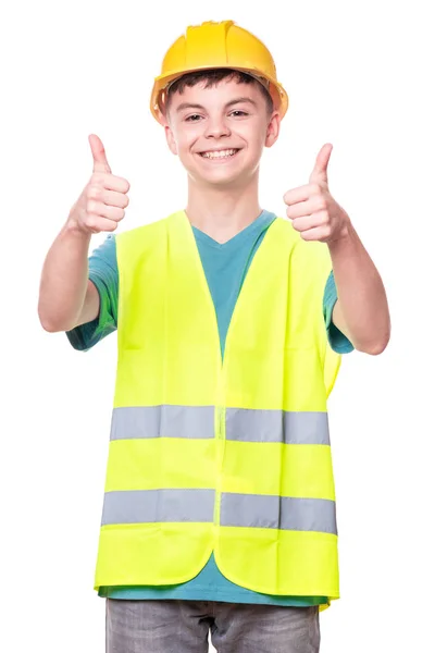 Chico Adolescente Guapo Divertido Con Chaqueta Seguridad Sombrero Duro Amarillo — Foto de Stock