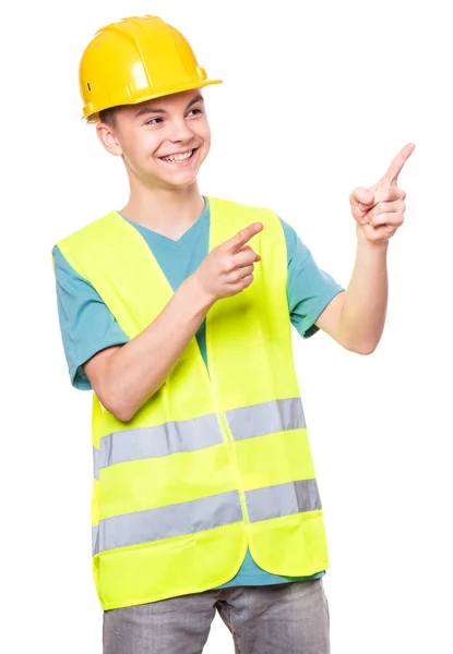 Funny Handsome Teen Boy Wearing Safety Jacket Yellow Hard Hat — Stock Photo, Image