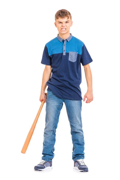 Full Length Portrait Young Caucasian Teen Boy Holding Baseball Bat — Stock Photo, Image