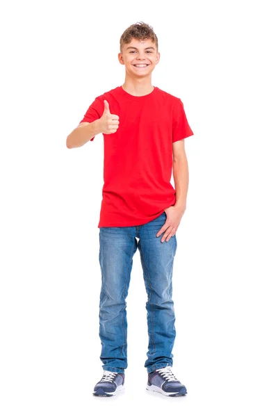 Retrato Comprimento Total Menino Adolescente Caucasiano Jovem Isolado Fundo Branco — Fotografia de Stock