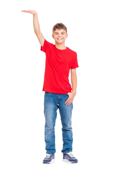 Retrato Comprimento Total Menino Adolescente Caucasiano Jovem Isolado Fundo Branco — Fotografia de Stock