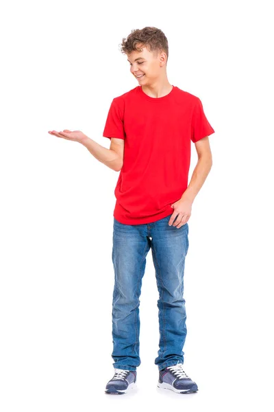 Full Length Portrait Teen Boy Holding Something Imaginary Palm Isolated — 图库照片